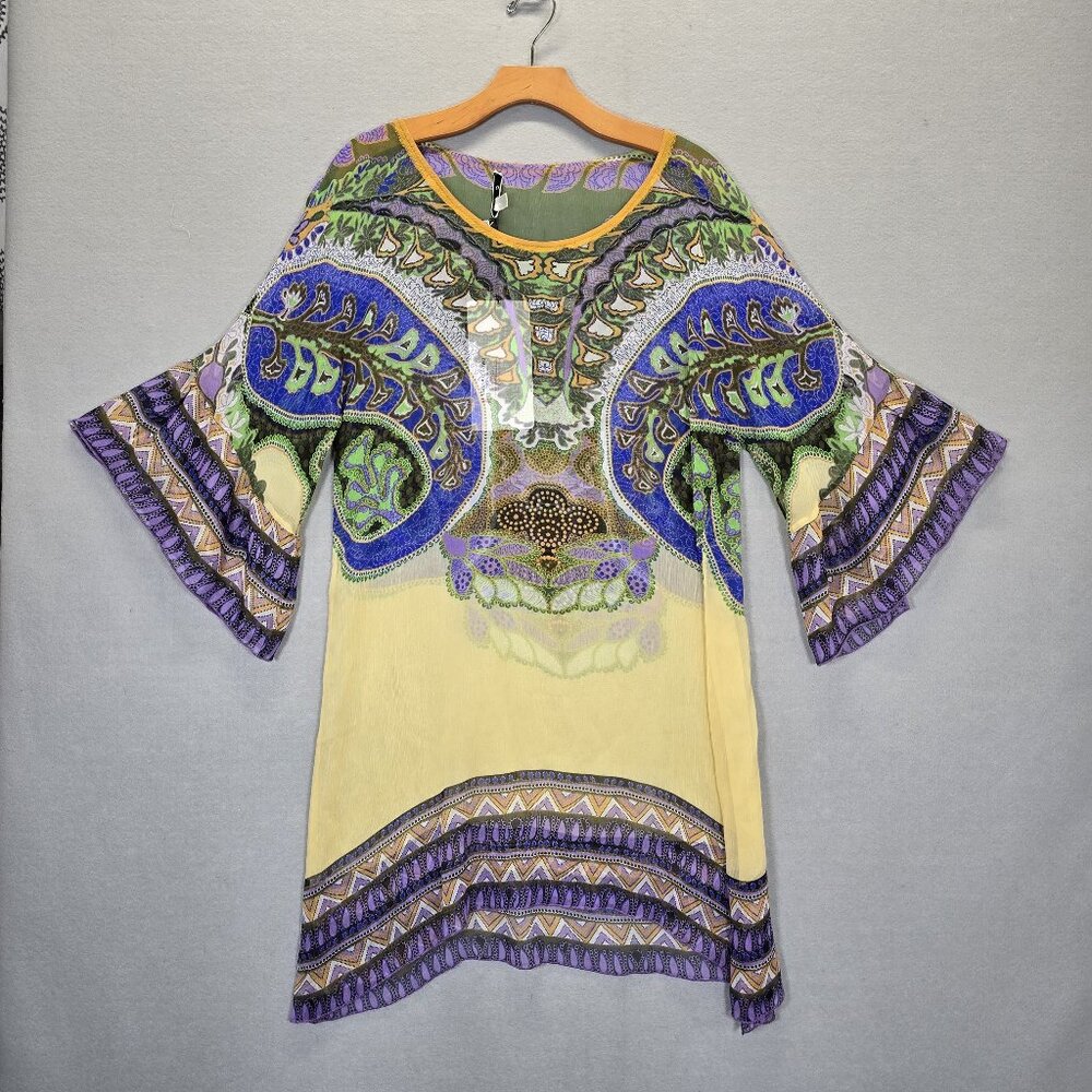 Cabi Dress Women Small Yellow Mini Pullover Tribal Boho Floral Bell Sleeve M